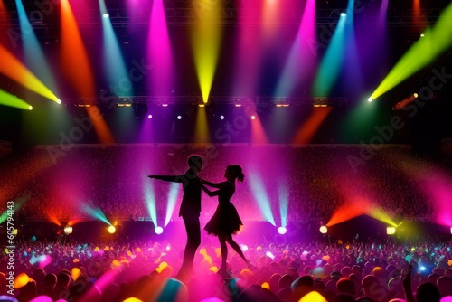 silhouette of man and woman dancing on scene or on dancefloor on neon light background. Night life, club, music, dance, motion, youth. Purple-pink colors and moving girls and boys. Generative AI
