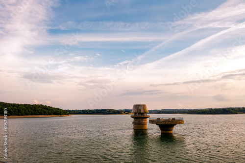 Low water level in Bewl water reservoir, East Sussex, England, in summer 2022
