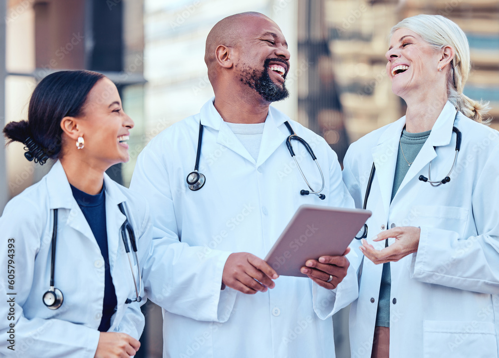 Fototapeta premium Doctor team, laughing and healthcare worker with tablet and funny joke of medical group. Diversity, technology and laugh of hospital and wellness clinic staff together with happiness and tech results