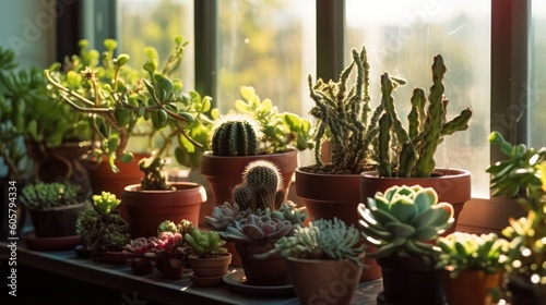small cacti in pots on the windowsill in pots at home. Home gardening concept. Miniature succulents. indoor and ornamental plants in pots. plant care. Generative AI
