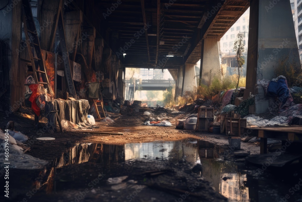 A homeless encampment under a bridge. Reflecting the harsh reality of insufficient affordable housing. Concept of Urban decay. Generative AI - obrazy, fototapety, plakaty 