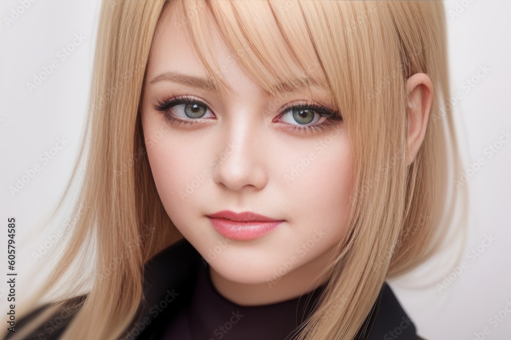 Young blonde business woman smiling into camera in her office. Beautiful business lady with blond hair and in a black blouse or jacket posing for a picture with a pastel background. Generative AI Young blonde business woman smiling into camera in her office. Beautiful business lady with blond hair and in a black blouse or jacket posing for a picture with a pastel background. Generative AI