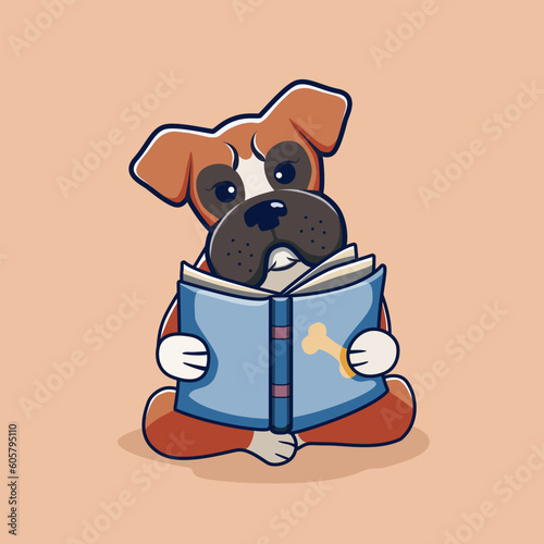 cute cartoon boxer dog reading a book 