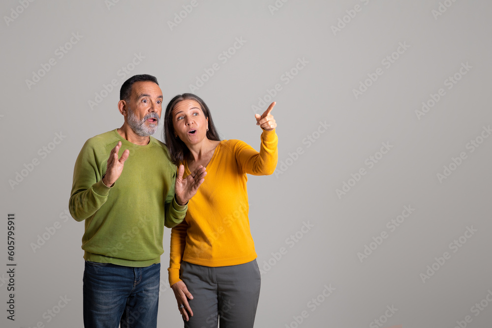 Positive shocked caucasian aged couple point fingers on copy space, recommend sale