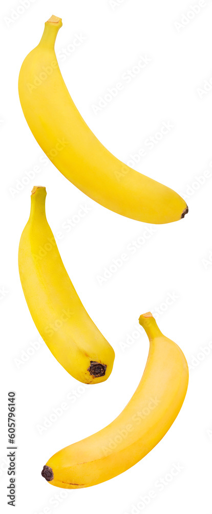 Bananas yellow, falling, hanging, flying, soaring, isolated on transparent background .