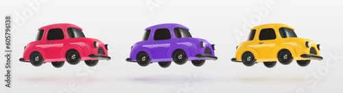 Colorful toy vehicle cars on light background. Collection of red, purple, yellow color mini model cars. 3d vector design elements on white background.