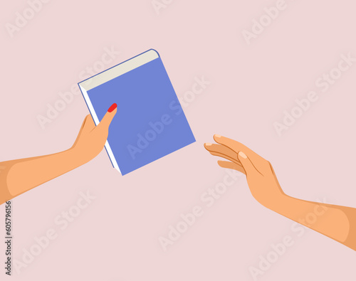 Vector illustration of female hand holding book giving information to male hand. Exchanging culture concept