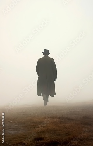silhouette of a man wearing a long jacket and top hat in a misty landscape. retro vintage. regency, victorian, edwardian, georgian.