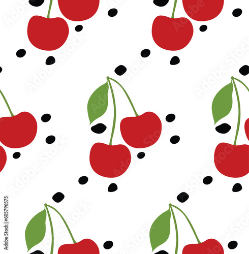 Cute pattern with cherry. Fruit seamless background vector for design element. Cute wallpaper, fabric, tile, paper, textile. Sweet red ripe cherries on white background. Baby texture style.