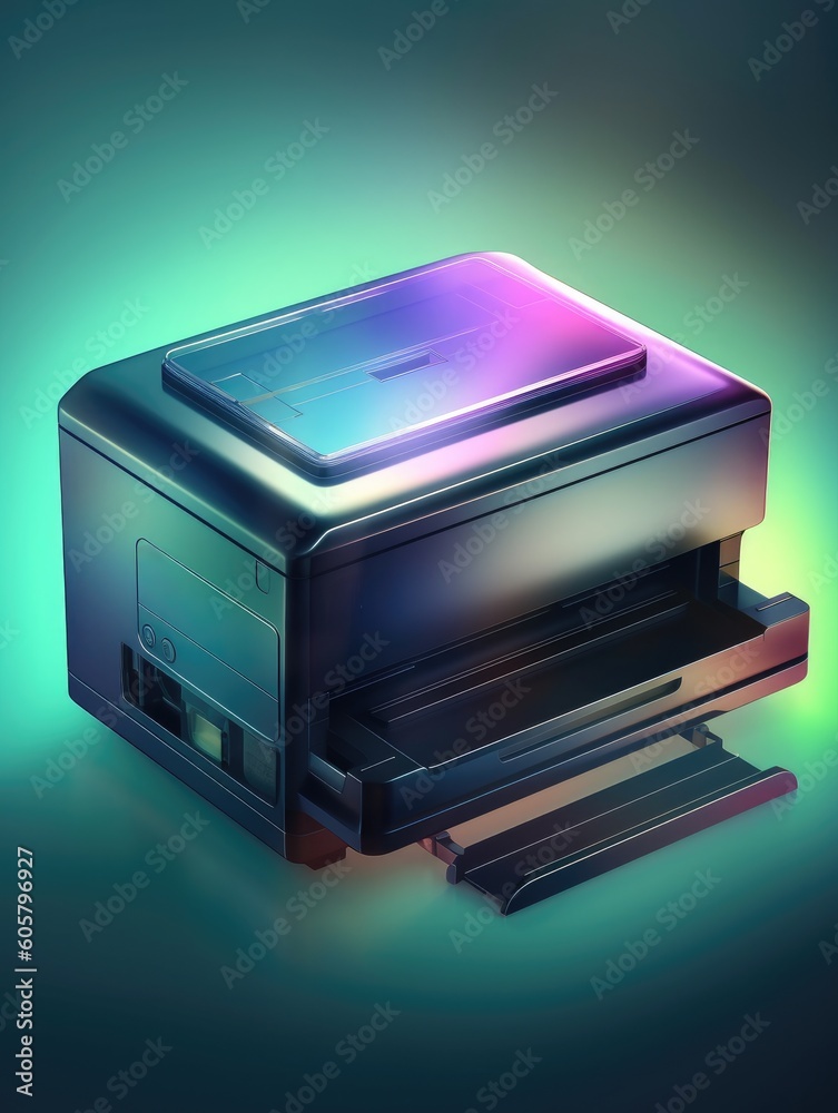 A photo printer icon with translucent glass isometric view. Generative AI