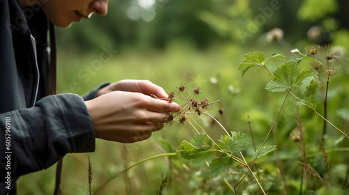 A person foraging in a forest or meadow, collecting wild herbs and plants for use in natural remedies and therapies, Created with generative Ai Technology. 