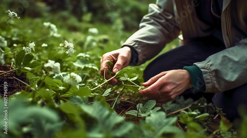 A person foraging in a forest or meadow, collecting wild herbs and plants for use in natural remedies and therapies, Created with generative Ai Technology.
