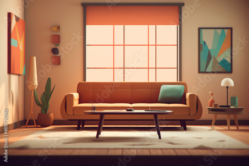 a living room with a couch and a coffee table, Low poly room, creative ai © MUS_GRAPHIC