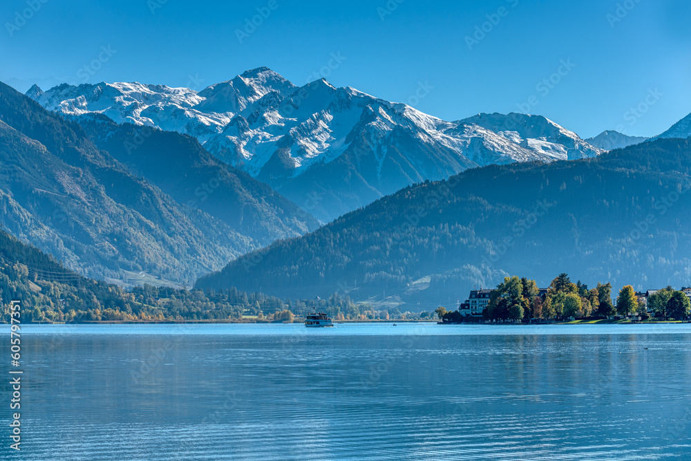 The lake of Zell am See in autum. Alpine landscape in fall. Salzburger Land in Austria