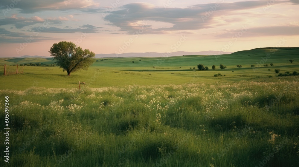 Landscape of grassland. Nature photography. AI generated