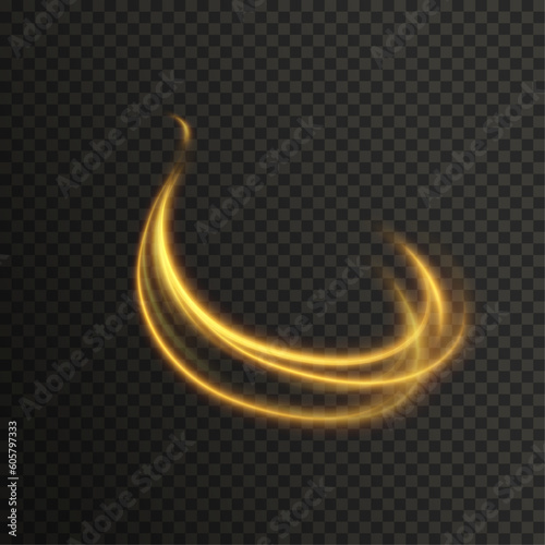 Dynamic gold lines with glow effect. Rotating shiny semi-rings. Abstract sparkling swirl, wave.