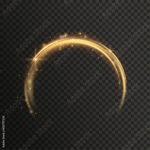 Dynamic gold lines with glow effect. Rotating shiny semi-rings. Abstract sparkling swirl, wave.