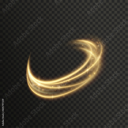 Dynamic gold lines with glow effect. Rotating shiny semi-rings. Abstract sparkling swirl, wave.