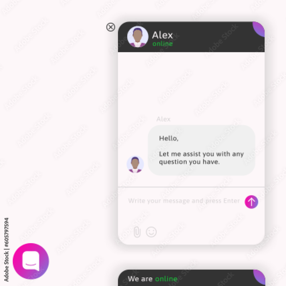 Live chat window. Online help frame kit. AI chatbot support ui interface Live chat window. Online help frame kit. AI chatbot support ui interface
