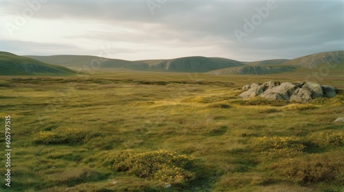 Landscape of tundra. Nature photography. AI generated