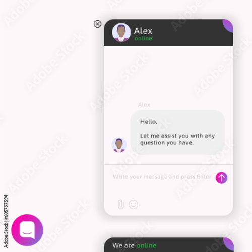 Live chat window. Online help frame kit. AI chatbot support ui interface