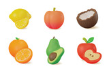 3d Color Different Fresh Fruits Set Cartoon Style Include of Avocado, Apple, Orange and Peach. Vector illustration