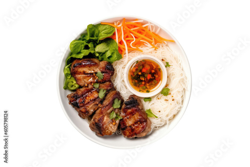 Bun Chgrilled Pork With Noodles, Vietnamese Cuisine. Isolated On Transparent Background, Png. Generative AI