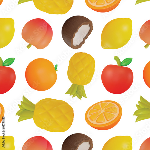 Fototapeta Naklejka Na Ścianę i Meble -  3d Color Different Fruits Seamless Pattern Background on a White Cartoon Style. Vector illustration of Sweet Fruit
