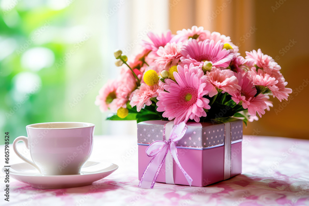 Obraz premium Gift box for Mother's Day with a bouquet of flowers and a greeting card. Generative AI