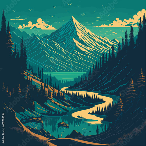 Serenity Unveiled: A Breathtaking Vector Illustration of Nature's Majestic Landscape
