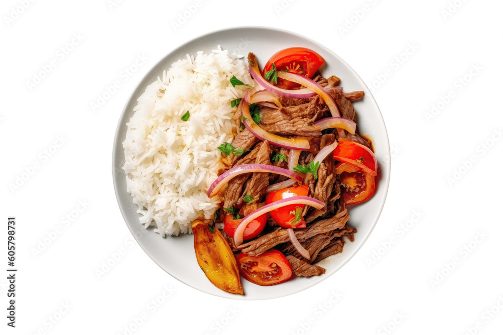 Lomo Saltado Stirfried Beef With Onions And Tomatoes, Peruvian Cuisine. Isolated On Transparent Background, Png. Generative AI Lomo Saltado Stirfried Beef With Onions And Tomatoes, Peruvian Cuisine. Isolated On Transparent Background, Png. Generative AI