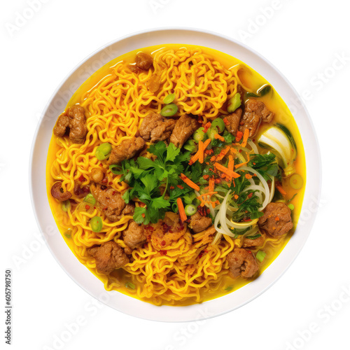 Mi Quang Turmeric Noodles With Meat And Vegetables, Vietnamese Cuisine. Isolated On Transparent Background, Png. Generative AI photo
