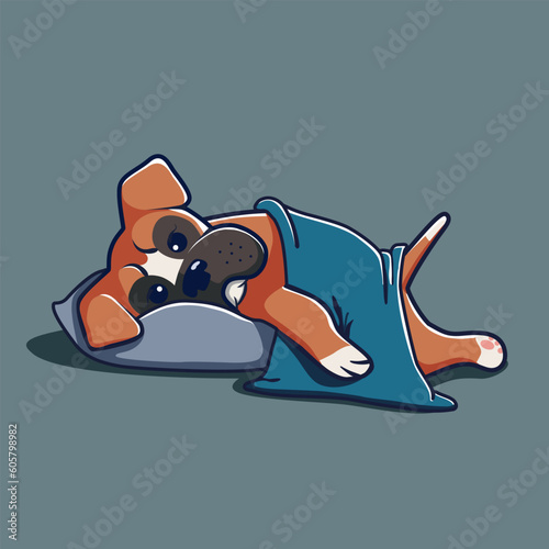 cute cartoon boxer dog sleeping in bed 