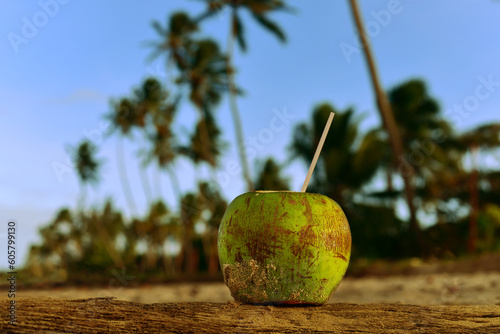 Fresh coconut drink on tropical beach with palm trees in background. Summer concept