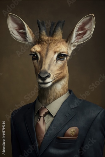 Portrait of baby antelope in a business suit. Generative AI