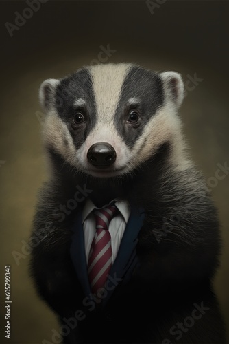 Portrait of baby badger in a business suit. Generative AI