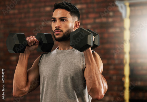 Canvastavla Weightlifting, fitness and man with dumbbell in gym for exercise, bodybuilder training and workout