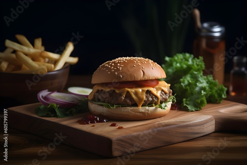 "Burger and Fries on Wooden Surface"