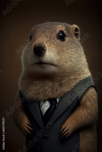 Portrait of baby gopher in a business suit. Generative AI
