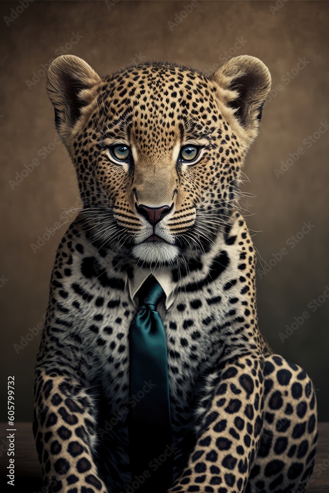 Fototapeta premium Portrait of baby leopard in a business suit. Generative AI