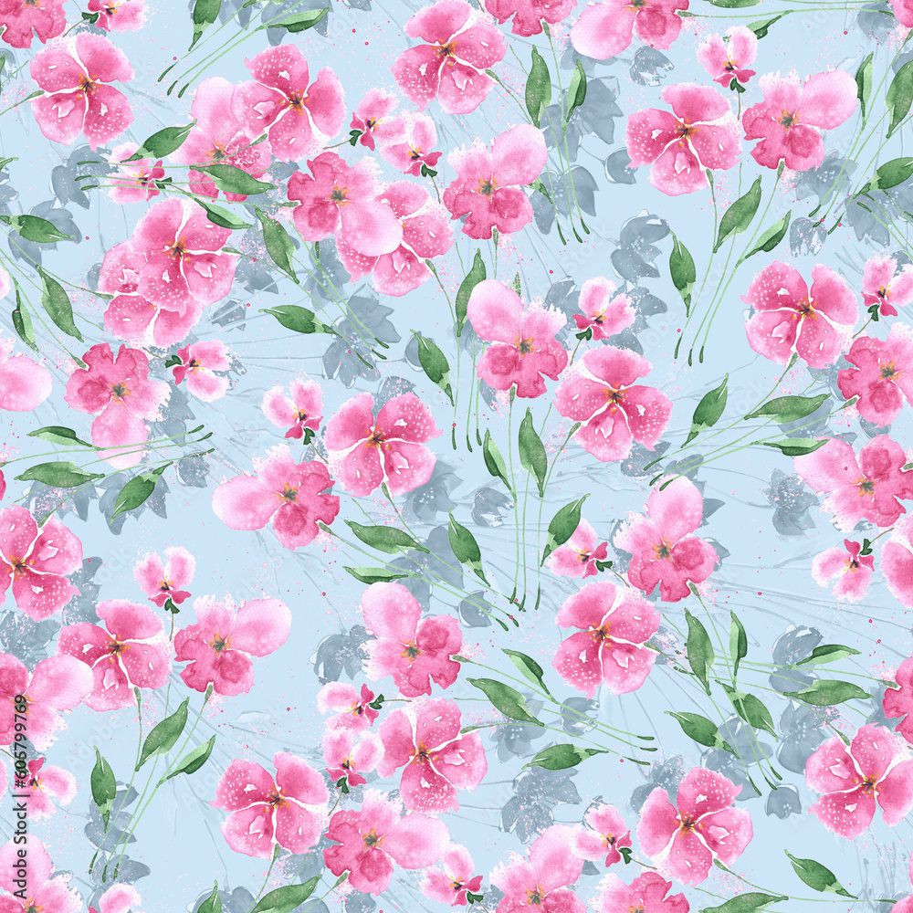 Fototapeta premium Watercolor floral background with pink garden flowers. Seamless pattern for fabric.