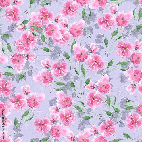 Watercolor pink and white flowers on violet background.  Floral seamless pattern for fabric and wallpapers.  © Olga Kleshchenko