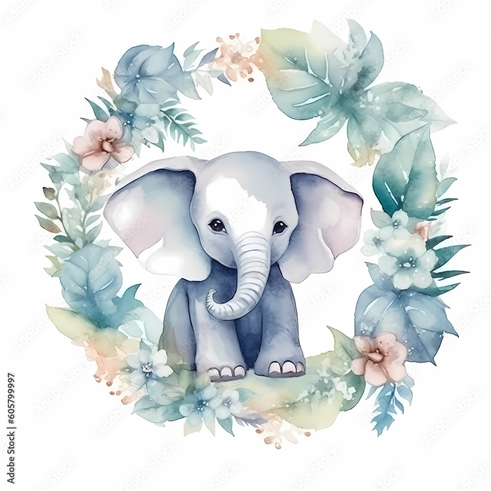 Beautifully watercolor painting of a baby elephant surrounded by a wreath of colorful flowers and leaves on white background, nursery room concept, Generative AI