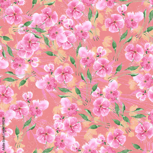 Watercolor seamless background with pink flowers. Hand drawing Illustration.