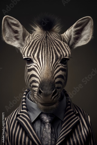 Portrait of baby zebra in a business suit. Generative AI