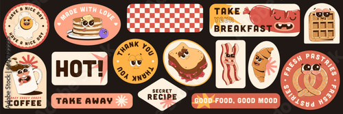 Trendy sticker set with funky retro food characters. Phrases and slogans. Branding mascots for cafe, restaurant, bar. Fresh pastries, breakfast and lunch menu.