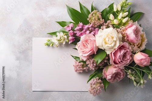 mockup white paper with flower flower arrangement over a grey texturated layflat
