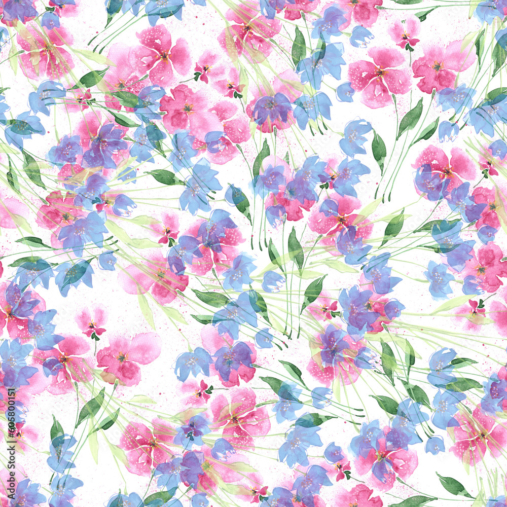 Floral seamless pattern with meadow flowers on white background. Composition with watercolor flowers.