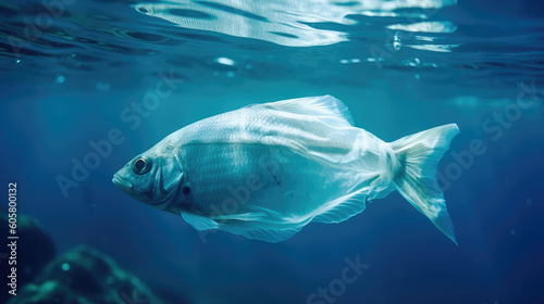 Fish in a transparent plastic bag under water. Environmental pollution. Generative AI