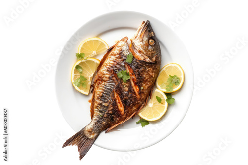 Samak Mashwi Grilled Fish Egyptian Cuisine. Isolated On Transparent Background, Png. Generative AI photo